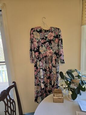 Black Floral Midi Dress with Pink & Cream Blossoms